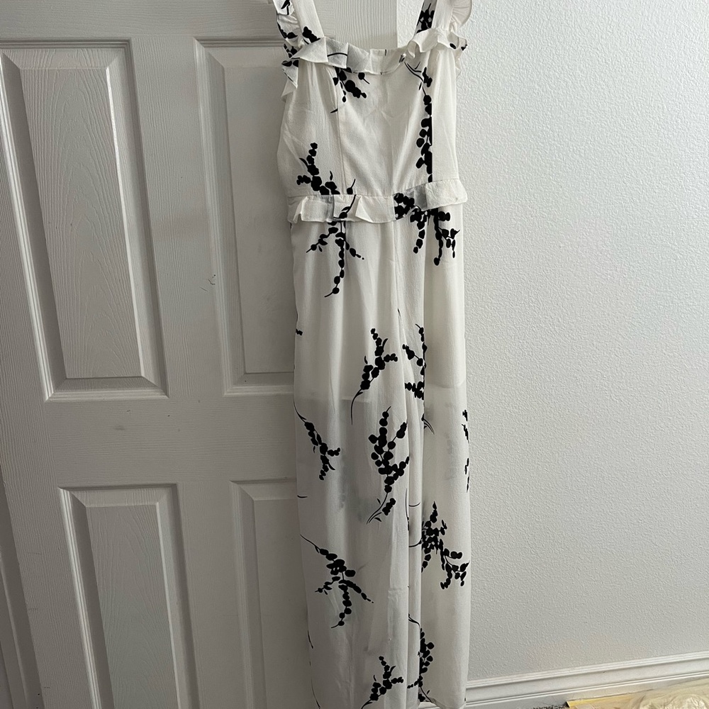 Jumpsuit flare legs white with black leaves, print sleeveless size large